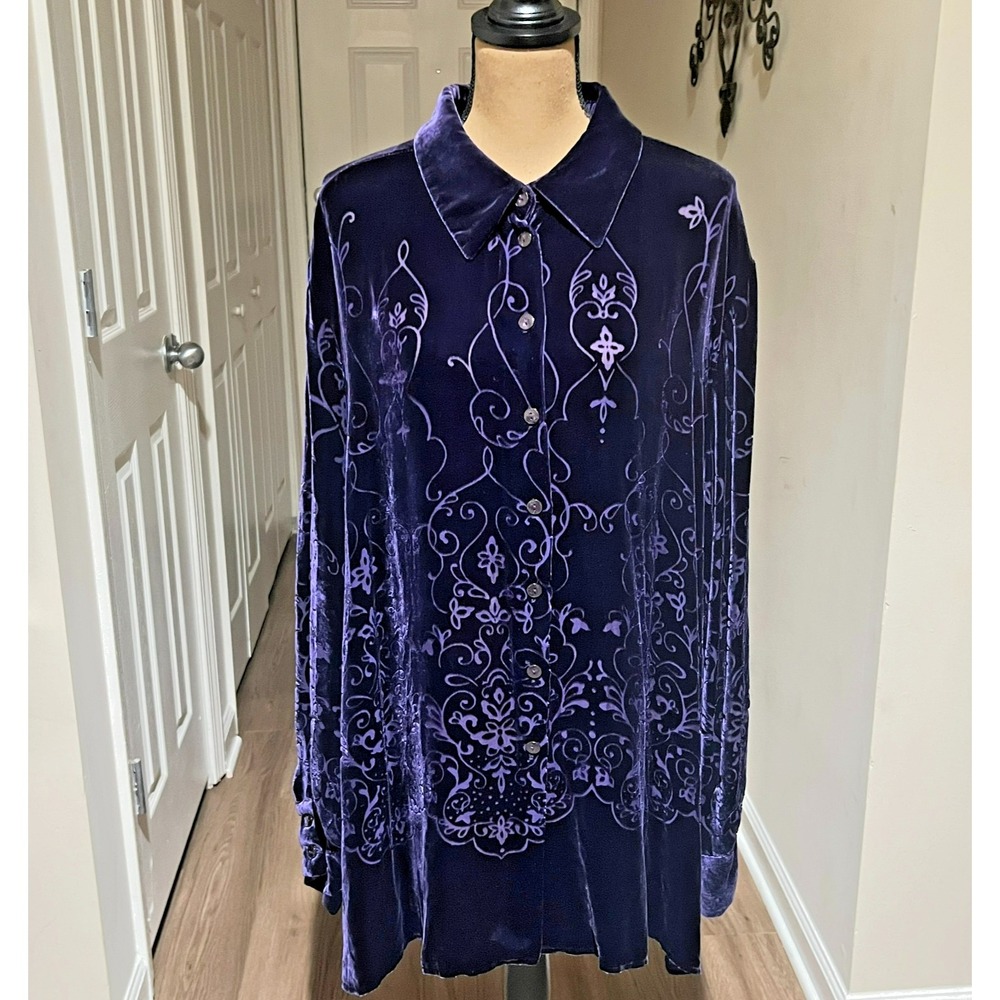 Purple Burnout Velvet Tunic Blouse 22/24 Button Front Long Sleeve Whimsigoth